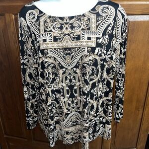 QVC Bob Mackie Wearable Art 2X Baroque Pattern Boho Top Tunic Brown Black White